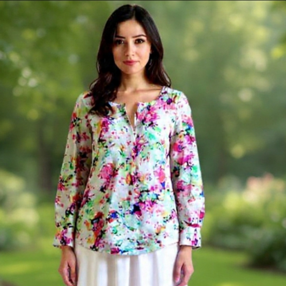 L🌷Catherine Malandrino Vibrant Watercolor Floral Blouse Top
